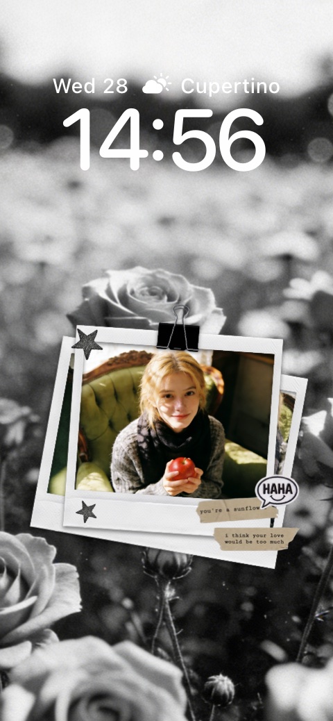 Fondo de rosas en blanco y negro con un marco de fotos Polaroid personalizable y pegatinas de estilo collage.