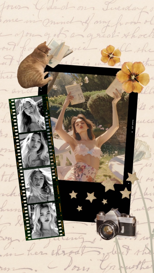 Plantilla de collage estilo scrapbook vintage con fondo de escritura cursiva, una tira de película vertical, un marco de fotos central y stickers de cámara y flores.