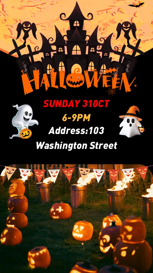 Halloween-Einladungsvorlage mit Illustrationen eines Geisterschlosses, Gespenstern und Fotos von geschnitzten Kürbissen.