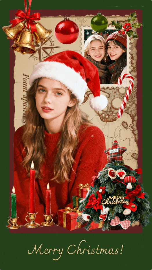 A festive Christmas photo collage template featuring a vintage scrapbook style. Decorative elements include golden bells, red ornaments, a candy cane, lit candles, and a mini Christmas tree. The text 'Merry Christmas!' is written at the bottom on a dark green background.