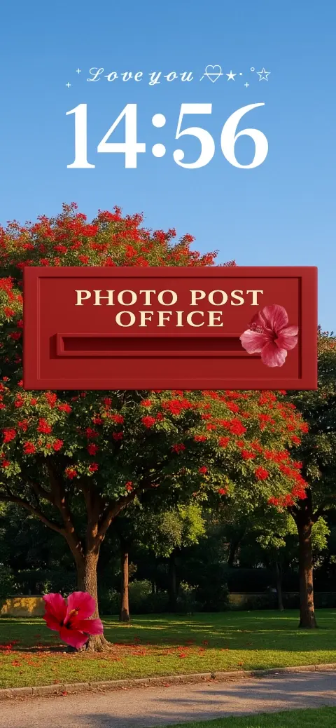 DIY live wallpaper template featuring a red photo post office box in a garden with red flowering trees and blue sky.