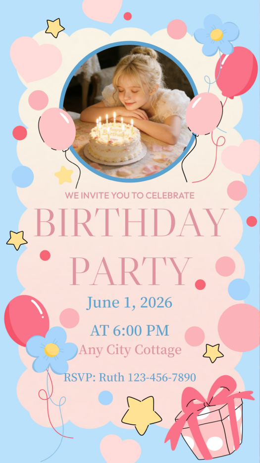 A pastel blue and pink birthday invitation template with a circular photo frame in the center, decorated with balloons, stars, hearts, and flowers.