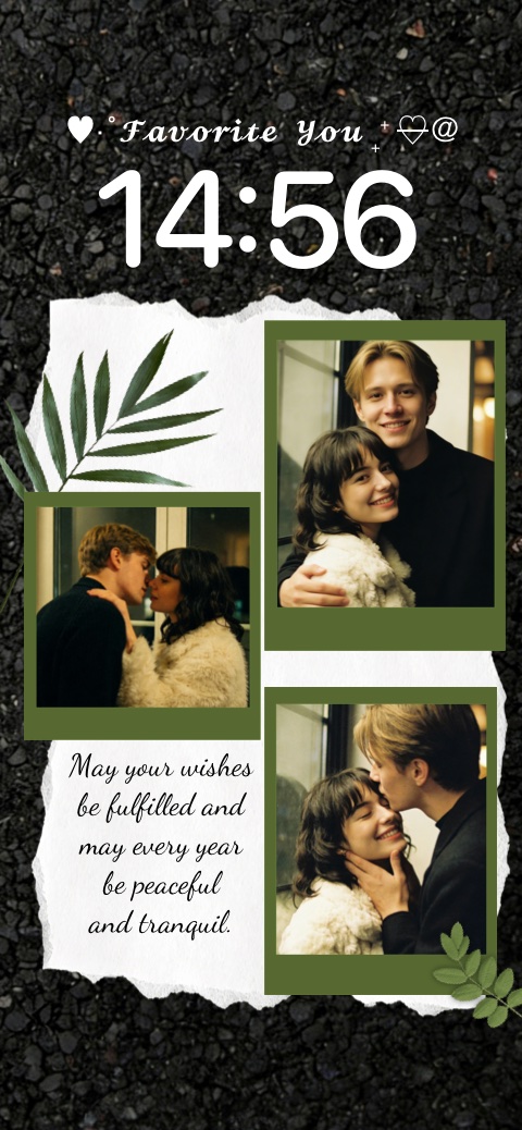 A customizable static wallpaper template featuring a couple scrapbook theme with three dark green Polaroid-style photo frames on torn white paper over a dark stone background.