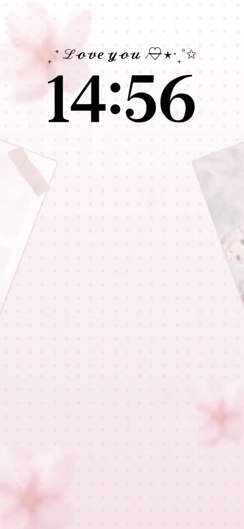 Aesthetic pink floral wallpaper template with polaroid frames, dotted grid, and customizable text area for live lock screens.