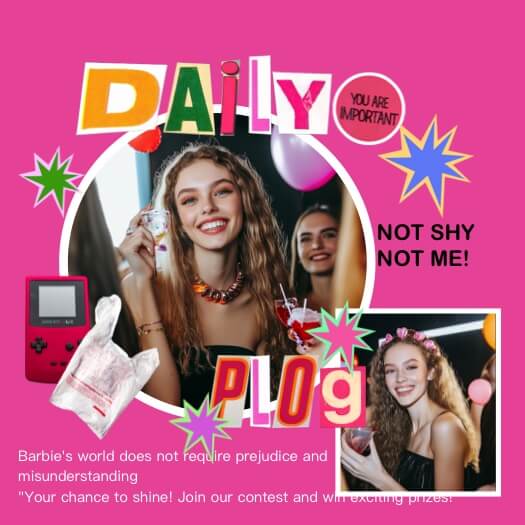 Modèle de montage photo pèle-mêle Y2K rose. Texte 'DAILY PLOG' en lettres découpées, autocollant console de jeu rouge, étoiles colorées et cadres photo personnalisables.