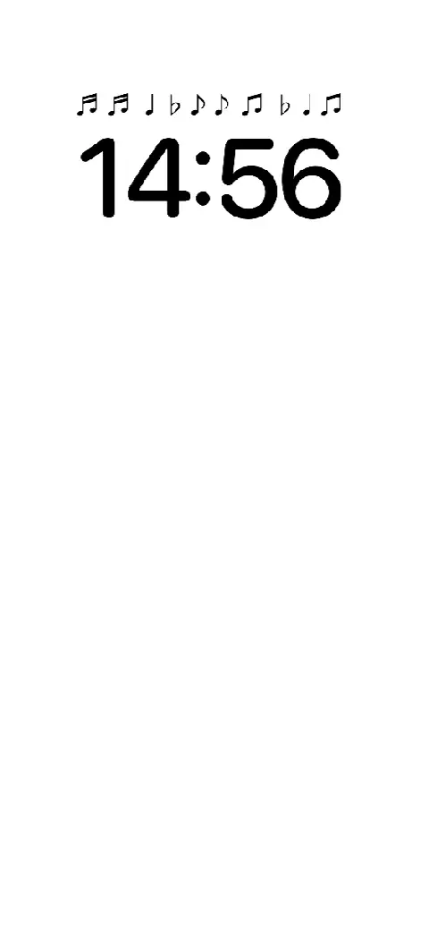 A minimalist white wallpaper template for custom live backgrounds featuring black musical notes and a digital clock placeholder.