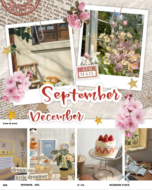 Vintage scrapbook collage template with polaroid frames, pink flowers, and newspaper background for multi-photo editing.