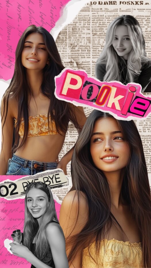 Eine Fotocollage im Y2K-Scrapbook-Stil mit vier Frauenfotos, Zeitungsausschnitten, gerissenen Papierkanten und dem Text 'Pookie'.