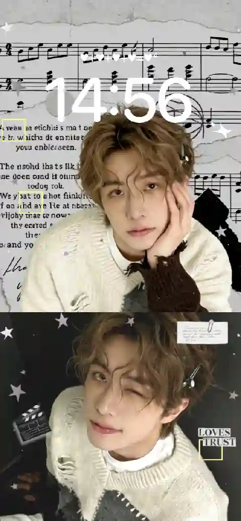 Personalisierbare Live-Wallpaper-Vorlage mit K-Pop-Idol-Fotos auf einem Vintage-Notenblatt-Hintergrund mit Sternen.