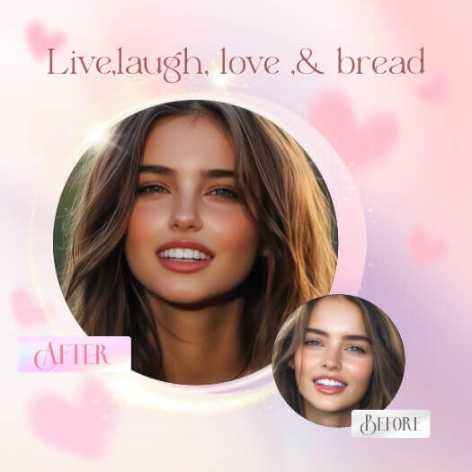 Pink aesthetic before and after collage with circular photo frames, floating hearts, and romantic sparkles.