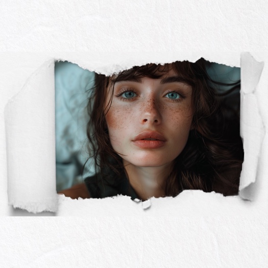 Portrait of a freckled woman with blue eyes seen through a ripped hole in white textured paper.