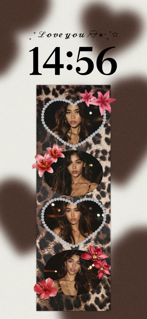 A customizable static wallpaper template featuring a cow print background, a central leopard print panel, heart-shaped diamond frames for photos, and pink hibiscus flowers.