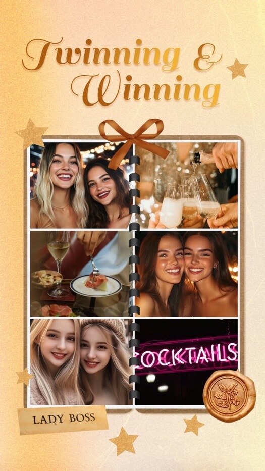 Elegant 6-photo scrapbook collage with Twinning & Winning gold text, stars, wax seal, and a Lady Boss label.