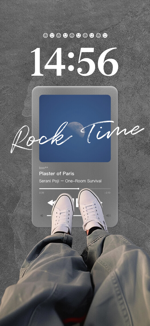 DIY mobile wallpaper template featuring an aesthetic music player widget on a concrete background with white sneakers.