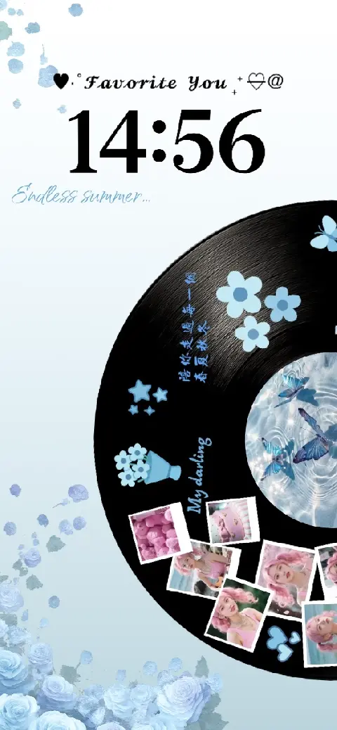 Anpassbare Live-Wallpaper-Vorlage mit einer Schallplatte, blauen Rosen, Schmetterlingen und Feldern für Fotos und Texte.