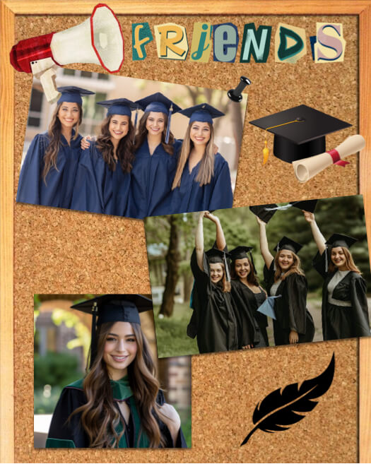 Corkboard scrapbook collage with three graduation photos, megaphone, graduation cap, and ransom-style FRIENDS text.