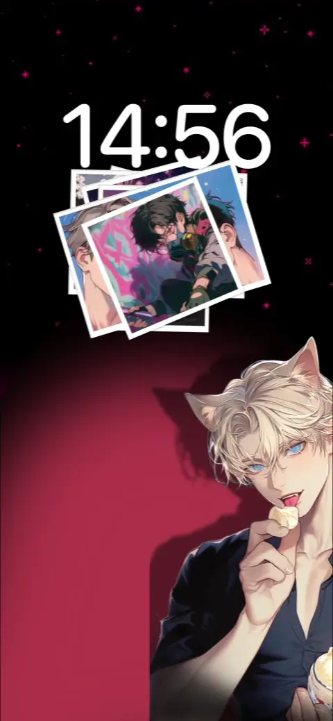 Anime cat boy with blonde hair and blue eyes eating sweets, featuring a polaroid photo stack on a dark background.