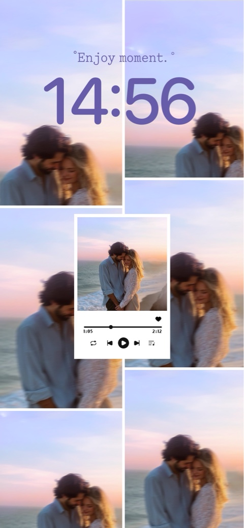 Romantic couple beach sunset collage wallpaper with music player widget and customizable clock font for mobile.
