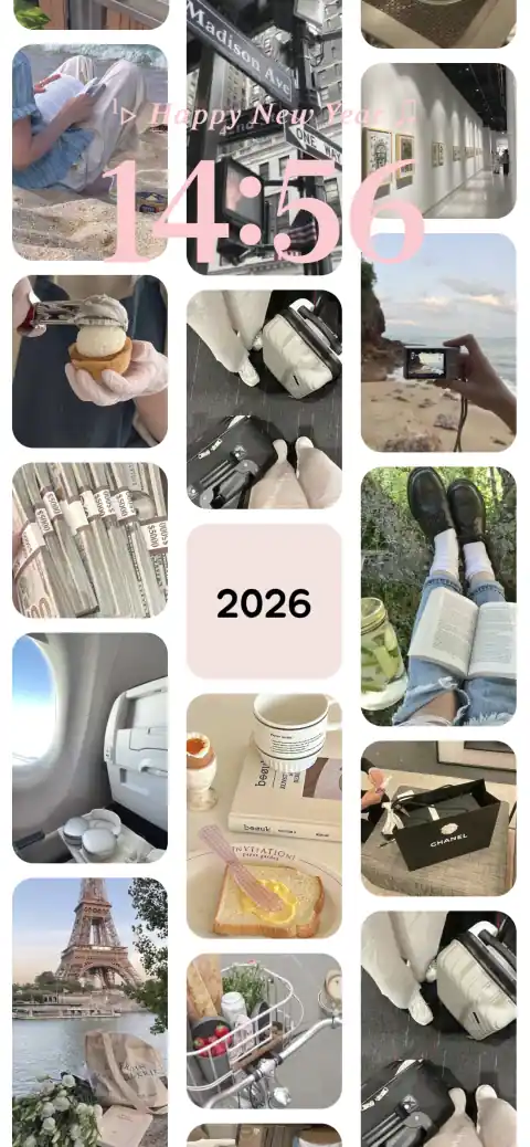 Aesthetic lifestyle collage 2026 vision board live wallpaper template featuring travel, fashion, and coffee imagery.