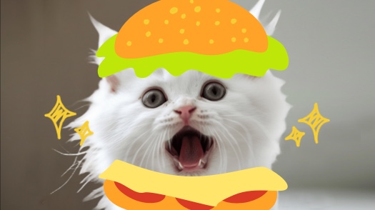White cat inside a cartoon burger bun with yellow sparkles, playful meme photo template design.
