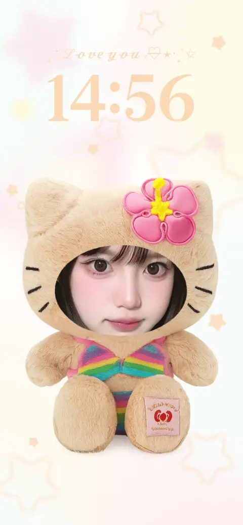 Ein braunes Plüschtier mit Hibiskusblüte und Fotorahmen für ein Gesicht auf einem pastellfarbenen Hintergrund.