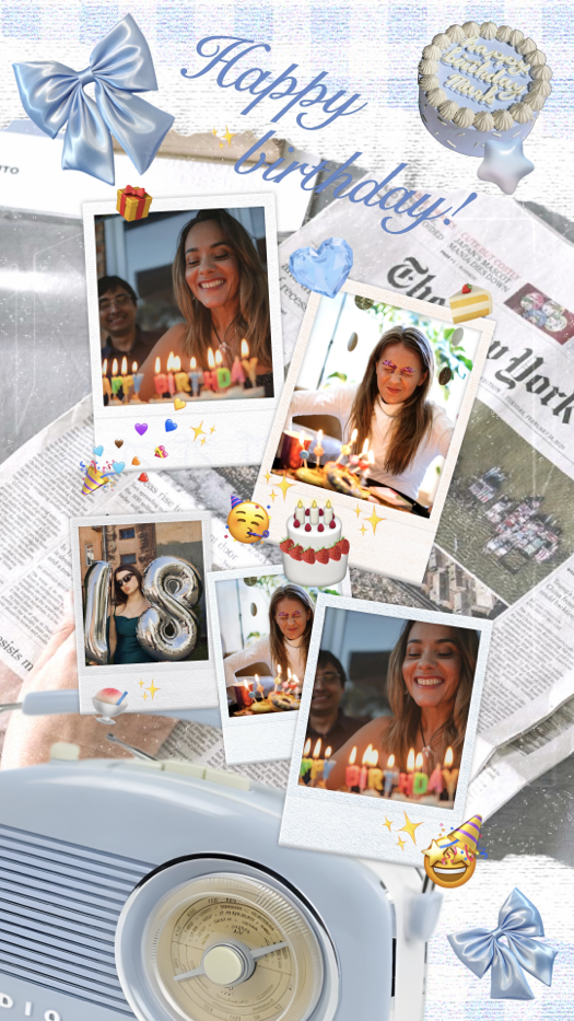 A birthday collage with 5 polaroid-style photos on a newspaper background, decorated with light blue bows, a blue vintage radio, and birthday cake stickers.