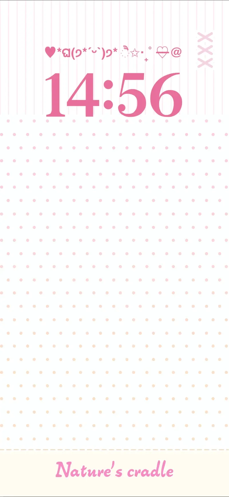 Pink kawaii live wallpaper template featuring polka dots, stripes, and cute kaomoji character symbols.