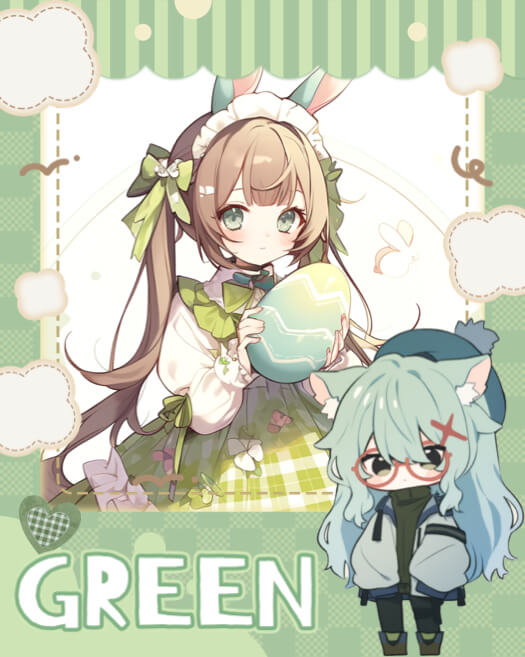 Kawaii anime girl with bunny ears and Easter egg on a green pastel scrapbook collage template with GREEN text.