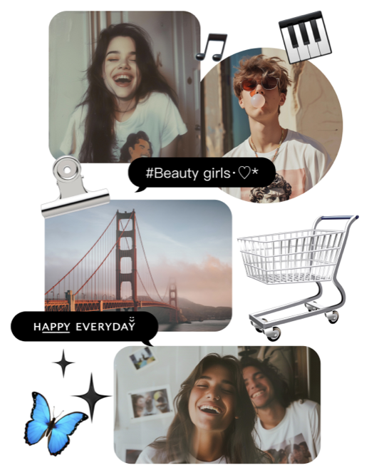 Eine Fotocollage im Y2K-Scrapbook-Stil mit einem blauen Schmetterling, Musiknoten und Sprechblasen-Stickern.