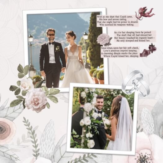 Modèle de collage de mariage avec deux cadres photo, des roses à l'aquarelle, des alliances et des angelots.