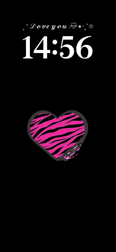 A pink and black zebra patterned heart on a black background live wallpaper template with customizable love text.