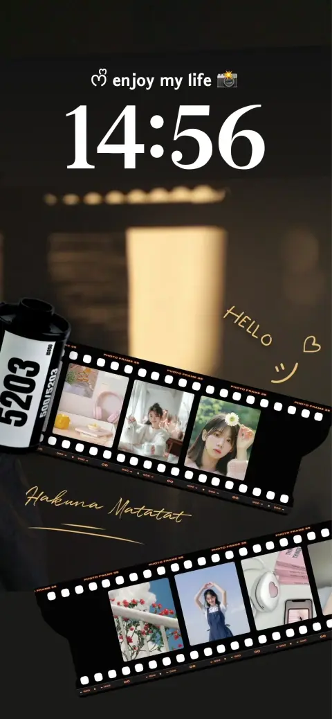 A dark aesthetic mobile wallpaper template featuring two vintage film strips with six customizable photo slots and handwritten text elements.