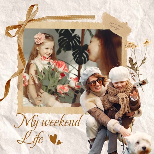 Vintage scrapbook collage with ripped paper, brown ribbon, dried flowers, and photos of a mother and daughter.