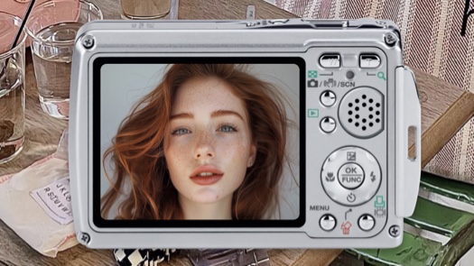 Marco de fotos con forma de cámara digital compacta plateada que muestra el retrato de una joven con pecas.