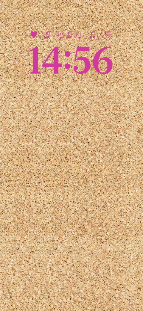 A realistic brown corkboard texture background featuring a pink digital clock and musical note icons, designed as a customizable live wallpaper template.