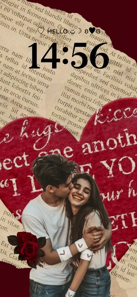 Vintage scrapbook style live wallpaper template with a romantic couple, red heart, and roses.