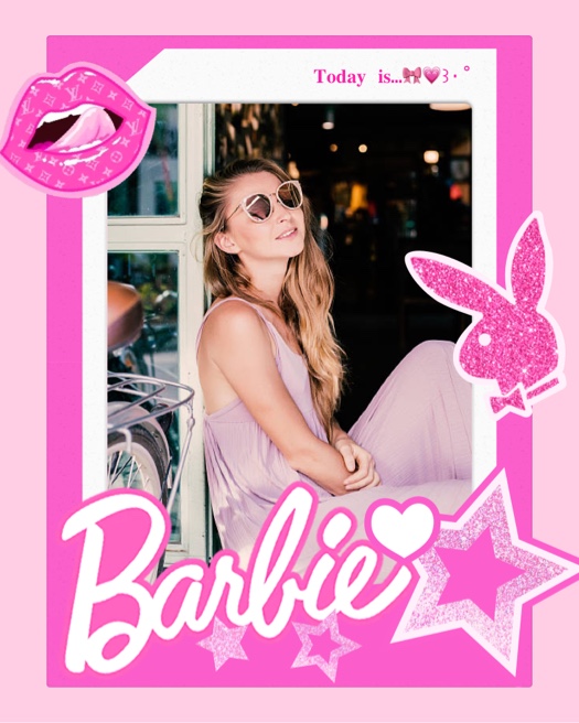 Pink Barbie aesthetic photo collage template with a central photo frame, glitter bunny, stars, and Y2K stickers.