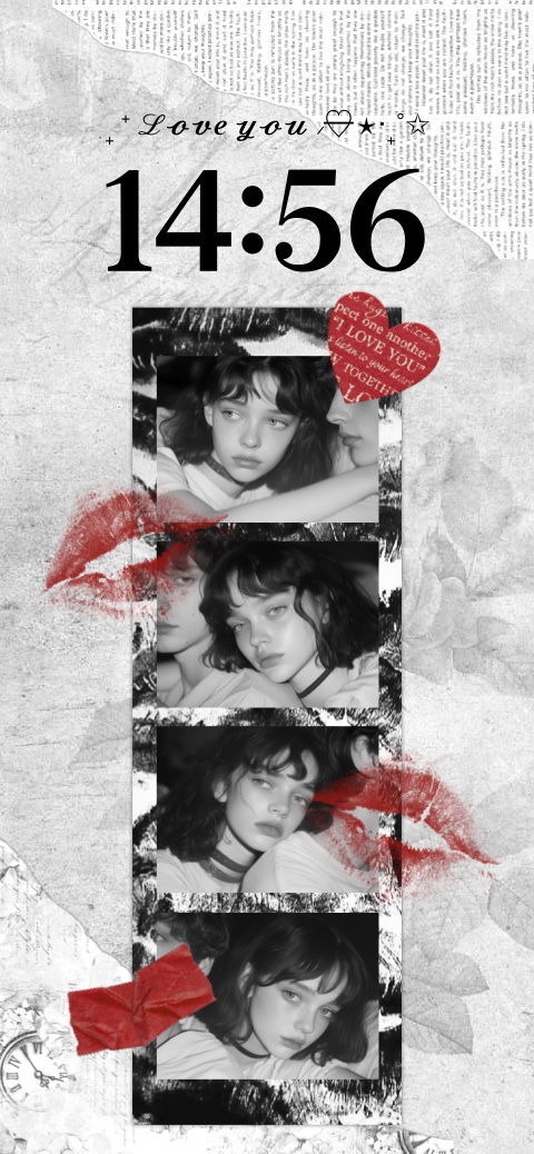 Customizable vintage scrapbook wallpaper template featuring monochrome photo frames, red lip prints, newspaper textures, and a 'Love you' header.
