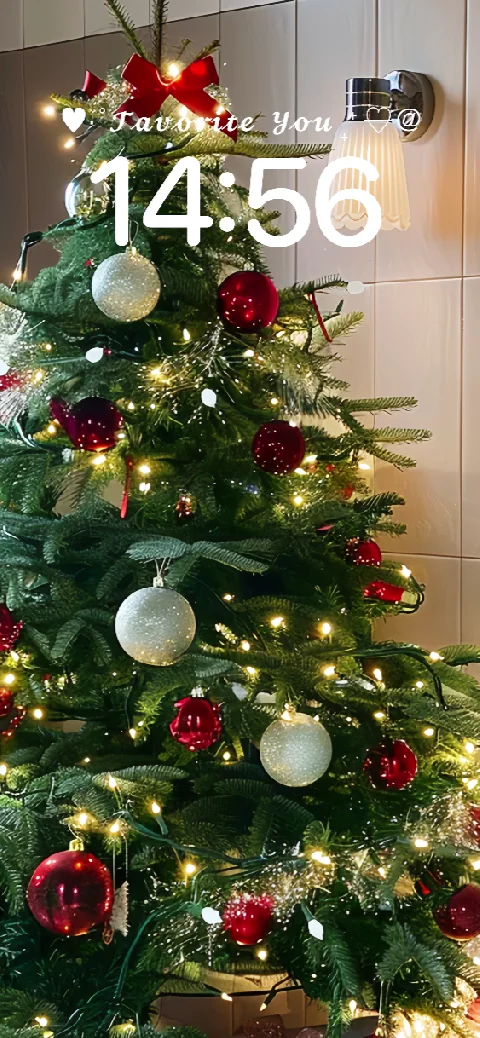 A beautifully decorated Christmas tree with glowing lights and red ornaments for a live wallpaper template.