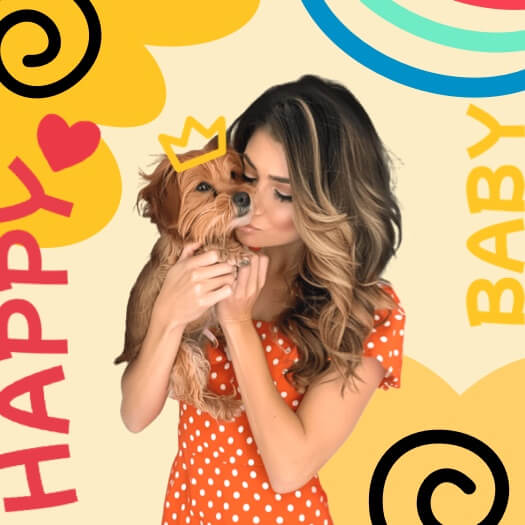 Femme en robe rouge à pois embrassant un petit chiot brun. L'image comporte des autocollants de style gribouillis, une couronne jaune et le texte 'HAPPY BABY'.