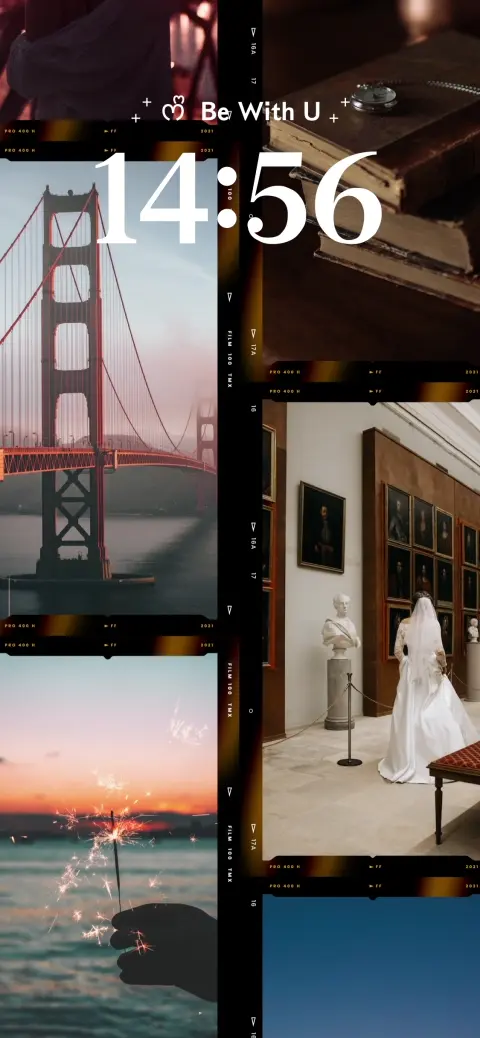 A vintage film strip style live wallpaper collage featuring the Golden Gate Bridge, a museum gallery, and sunset sparklers.