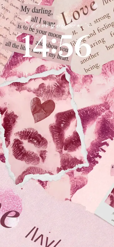 Eine anpassbare Live-Wallpaper-Vorlage im Collagen-Stil mit Kussabdrücken, Papierfetzen und einem Herz in Rosatönen.