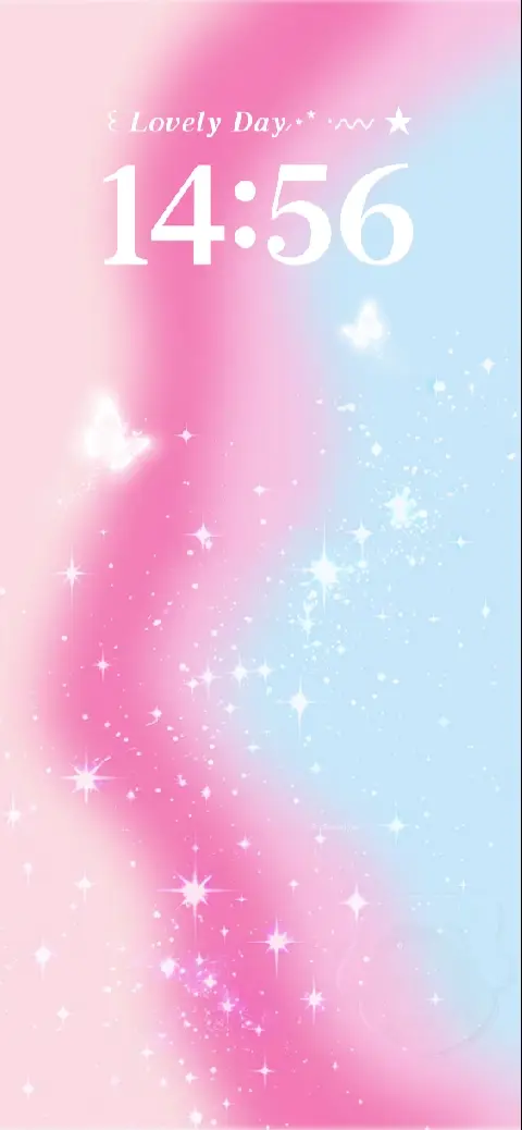 Aesthetic pastel pink and blue live wallpaper template with sparkling stars and glowing butterflies.