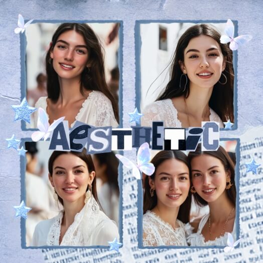 Modèle de montage photo bleu à 4 cases avec des papillons, des étoiles et le texte 'AESTHETIC' en lettres découpées.