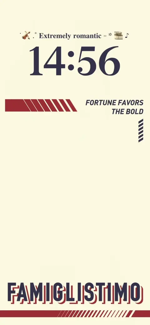 Aesthetic minimalist live wallpaper template with 'Fortune favors the bold' quote and digital clock on a cream background.