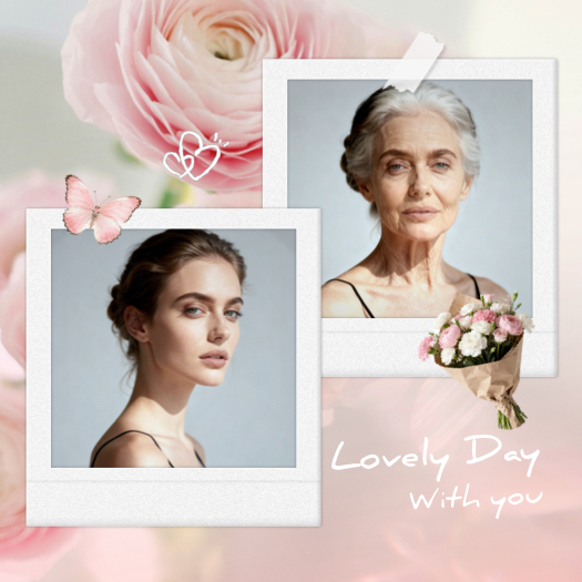 Mother's Day collage template with two Polaroid frames, pink roses, a butterfly, and a bouquet for sentimental photos.