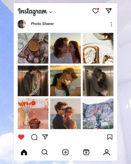 Eine Fotocollage im 3x3-Quadraster innerhalb eines Instagram-Mockups mit Bildern von Paaren, Essen und Blumen.