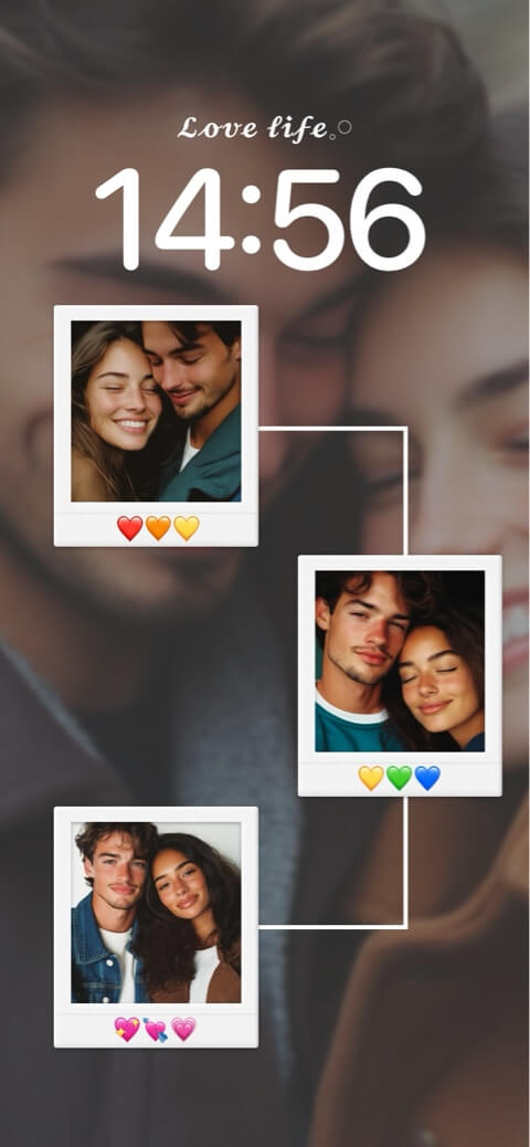 Aesthetic DIY couple wallpaper template featuring three polaroid photo frames and heart emojis on a blurred background.