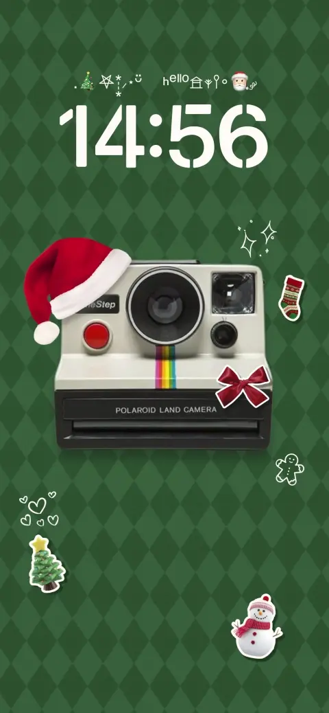 Vintage Polaroid camera with a Santa hat and Christmas stickers on a green diamond background live wallpaper template.