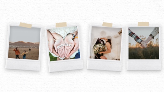Four Polaroid-style photo frames arranged horizontally in a row, each secured with a piece of tan washi tape at the top, set against a light grey textured background.